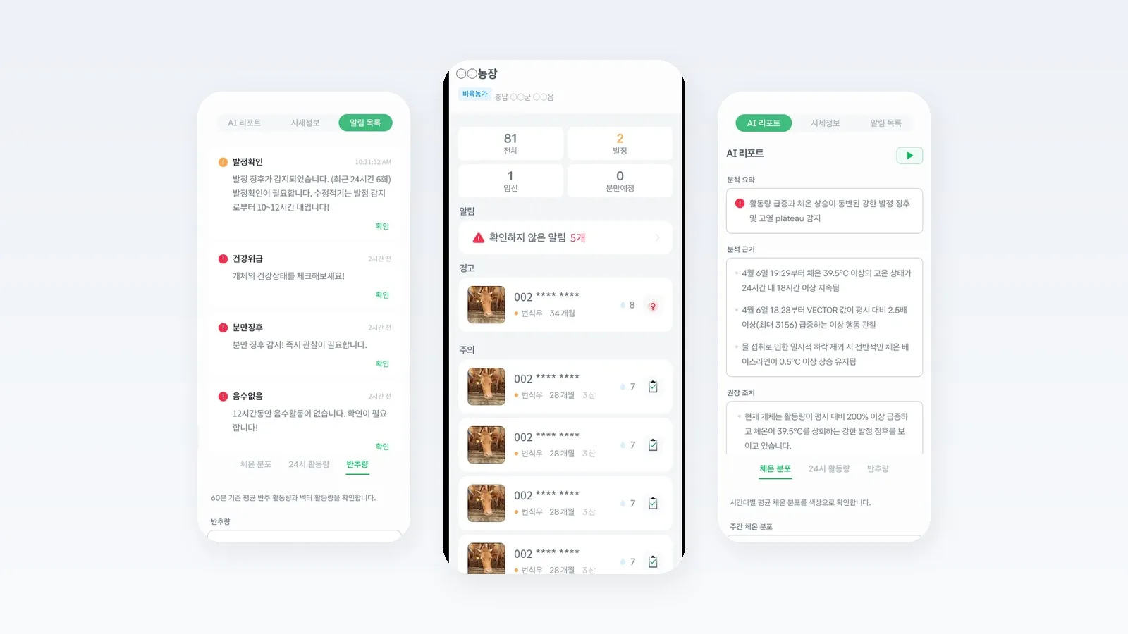 농가 대시보드, 이상 알림 목록, AI 리포트 세 화면을 나란히 보여주는 한우 모니터링 앱 구성
