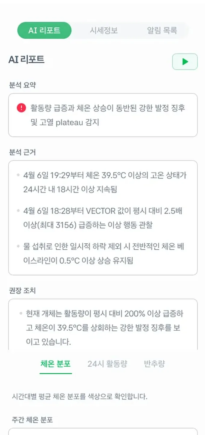 체온 39.5도 이상 고온 지속과 활동량 급증을 근거로 강한 발정 징후를 판정하고 권장 조치를 제시하는 AI 리포트 화면, 아래에 주간 시간대별 체온 분포 히트맵