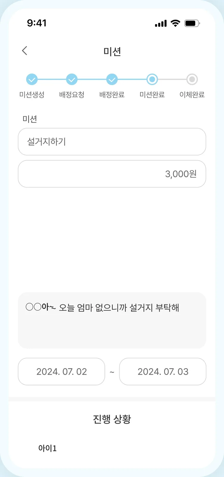 미션생성·배정요청·배정완료·미션완료·이체완료 다섯 단계가 상단에 표시되고, 미션 이름 설거지하기와 금액 3,000원, 수행 기간 2024.07.02~07.03, 요청 메시지가 차례로 놓인 미션 상세 화면