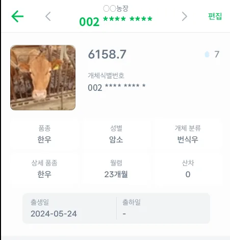 품종, 성별, 개체 분류, 월령, 산차, 출생일을 정리한 개체 상세 기본 정보 화면